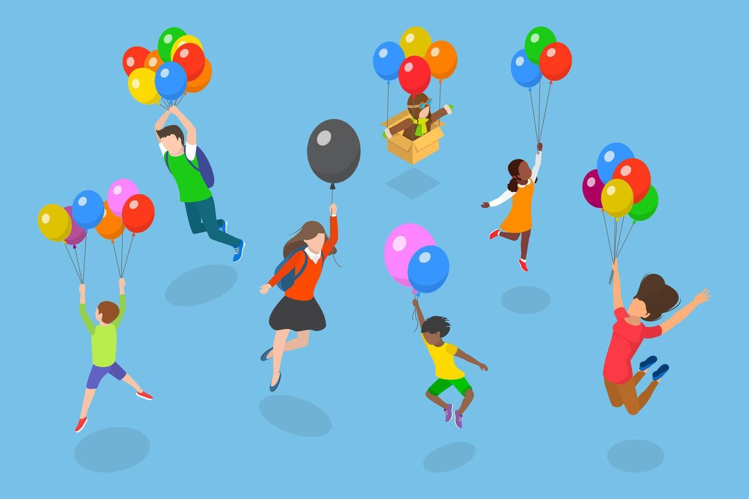 3D Isometric Flat Illustration of Soaring in the Sky, Happy Children Flying High with Bright Balloons vector