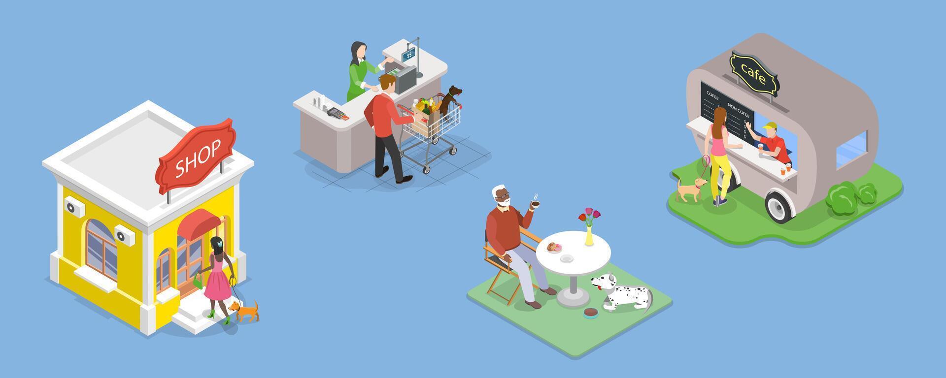 3D Isometric Flat Illustration of Shopping With Dog, Pet Care vector