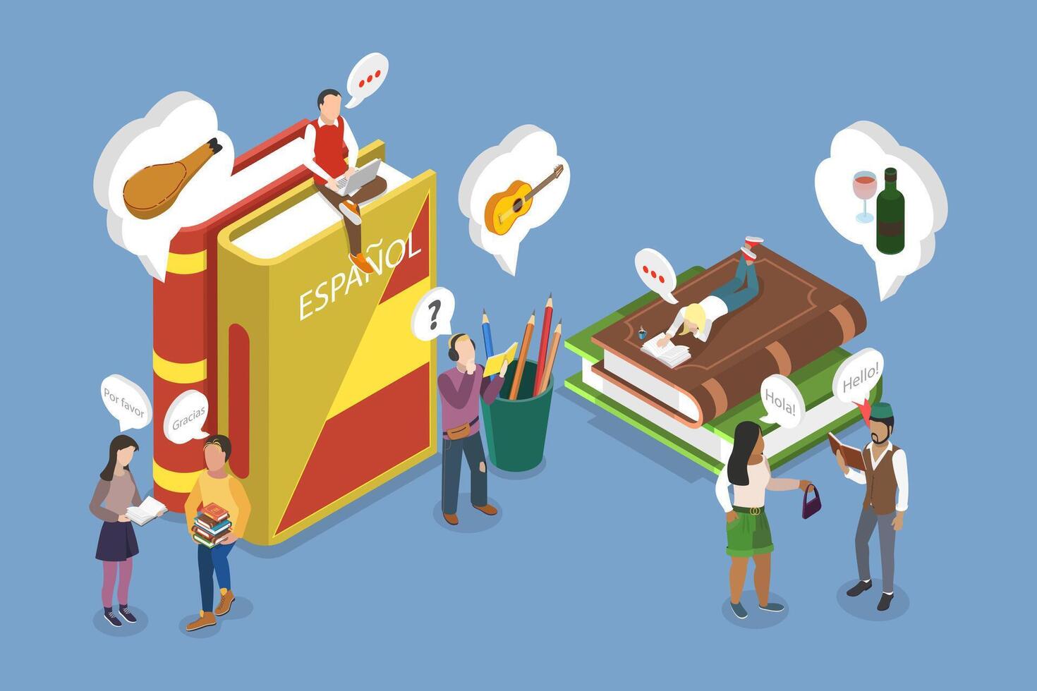 3D Isometric Flat Illustration of Spanish Language Course, Contemporary Education Program vector