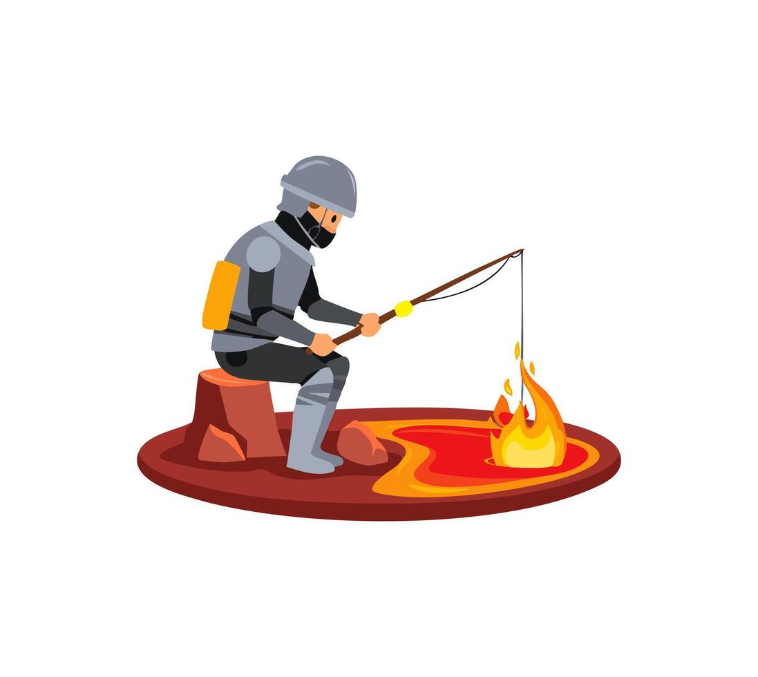 Knight fishing in a lava lake vector