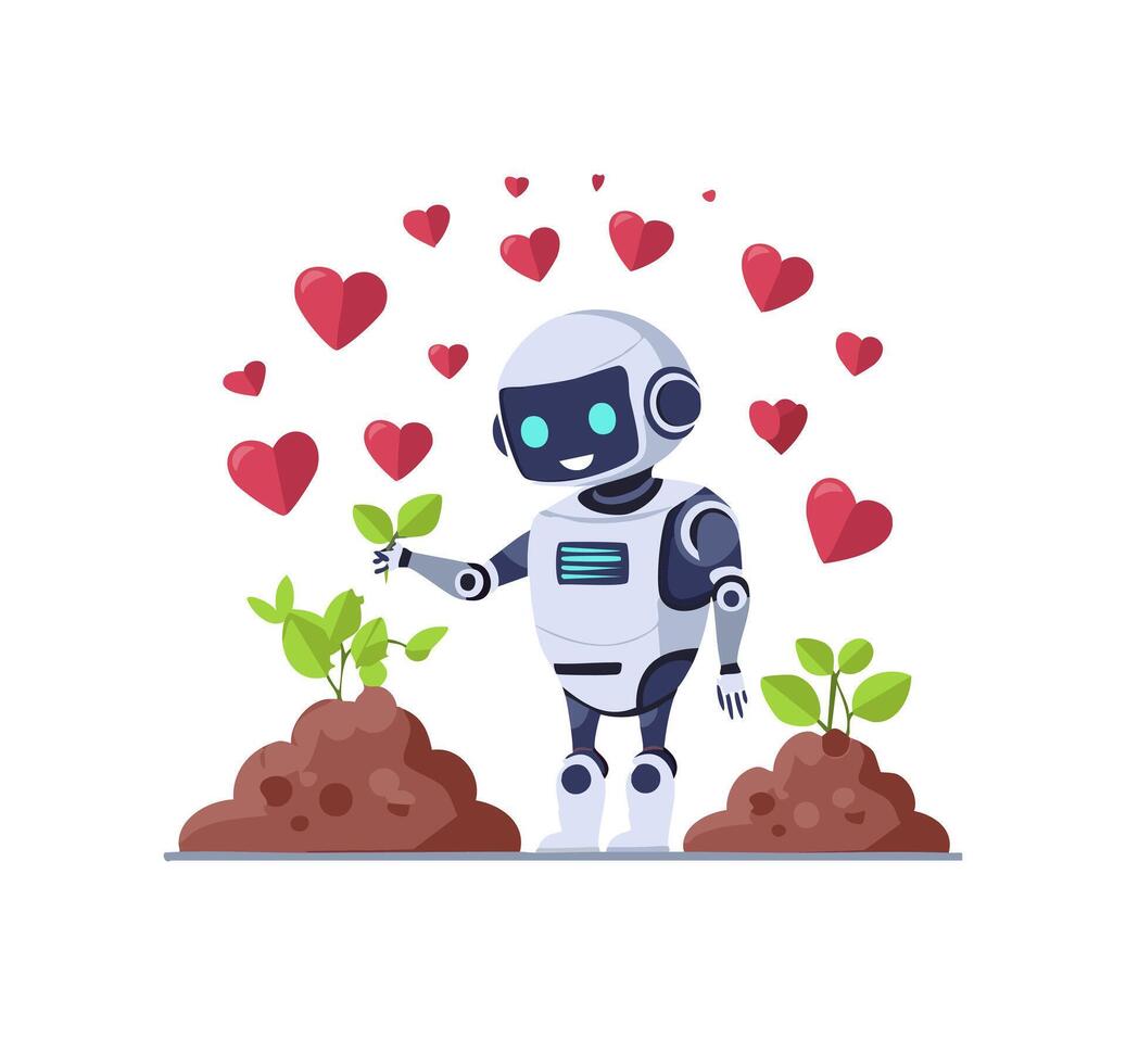 Robot gardener planting hearts vector