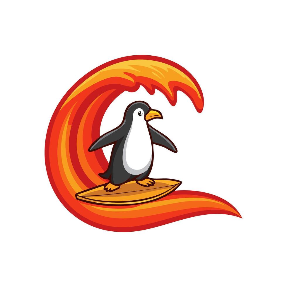 Penguin surfing on lava waves vector