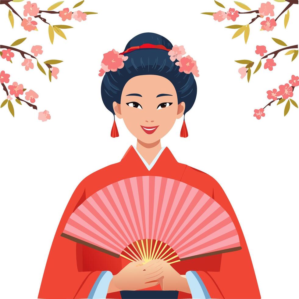 Geisha with cherry blossom fan vector
