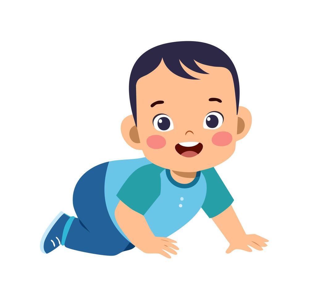 A baby crawling on the floor with a blue shirt vector
