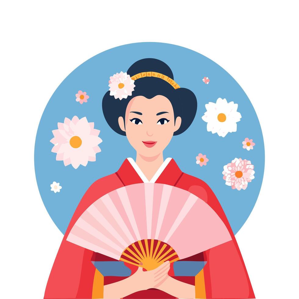 Geisha with fan with chrysanthemum flower pattern vector