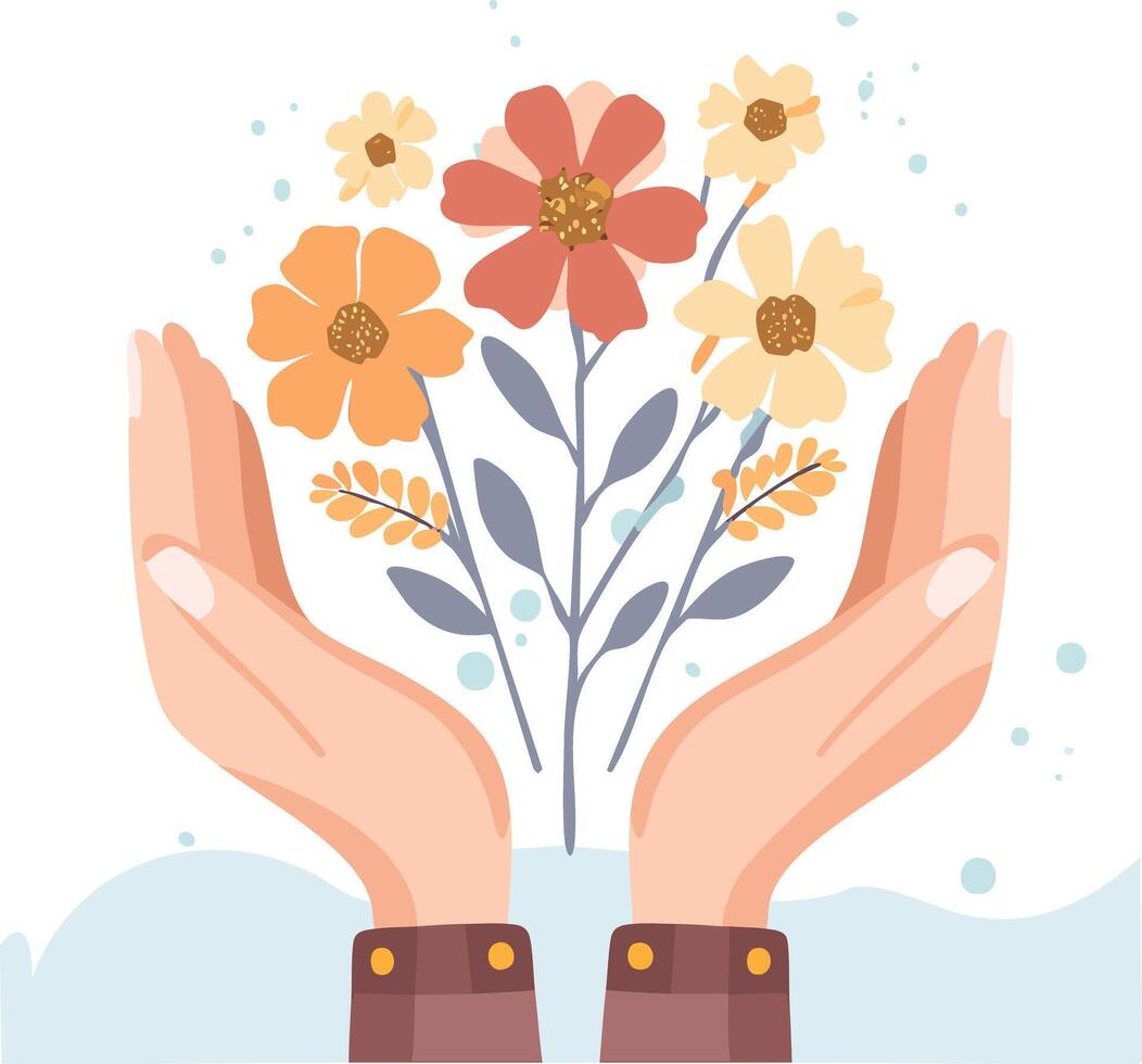Withered flowers in pale hands vector