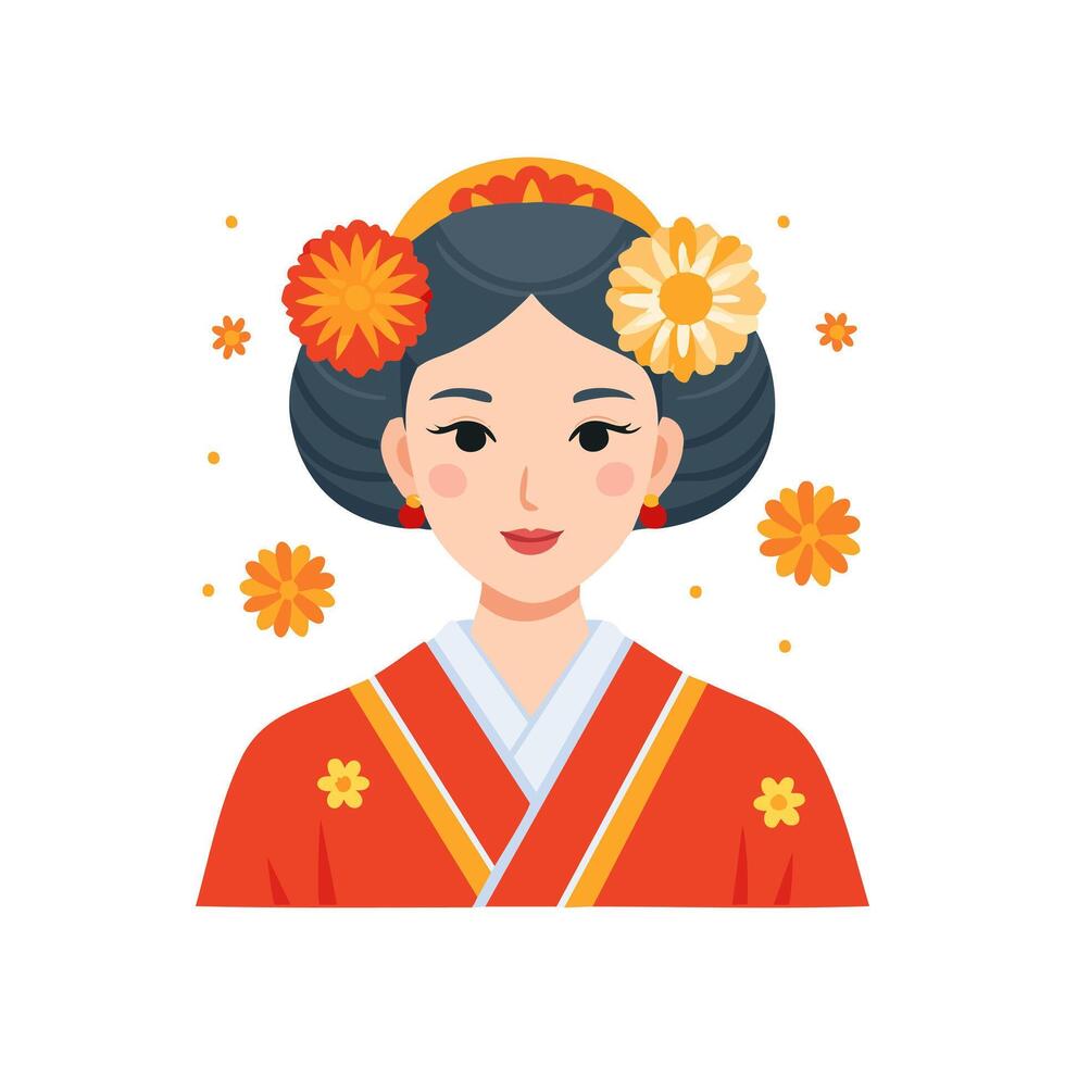 Geisha with Chrysanthemum Flower Hair Ornament Flat Design Style vector