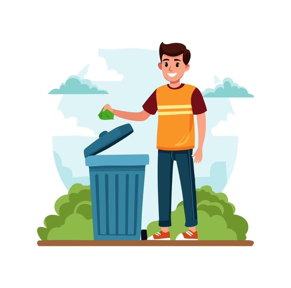 Teenager Throwing Trash Into Trash Can flat design vector