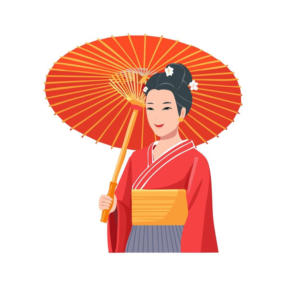 geisha with washi paper umbrella with bamboo frame flat design vector