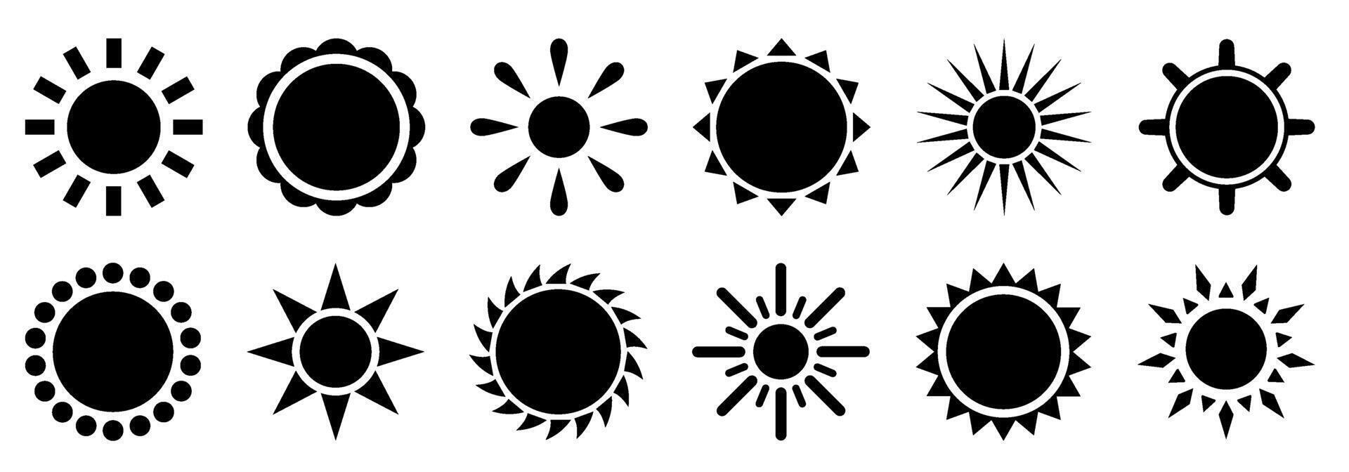 Black silhouette sun icons collection with diverse design variations vector