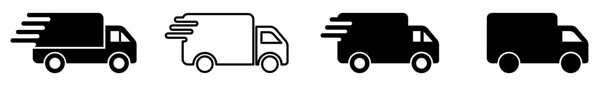 Fast delivery truck icons in motion, set of four silhouette designs vector