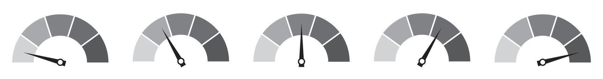 Various grey speedometers with needles pointing at different levels vector