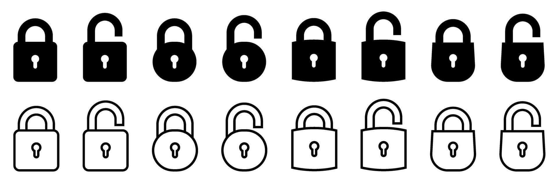 Black and white icons, open and closed padlocks set vector