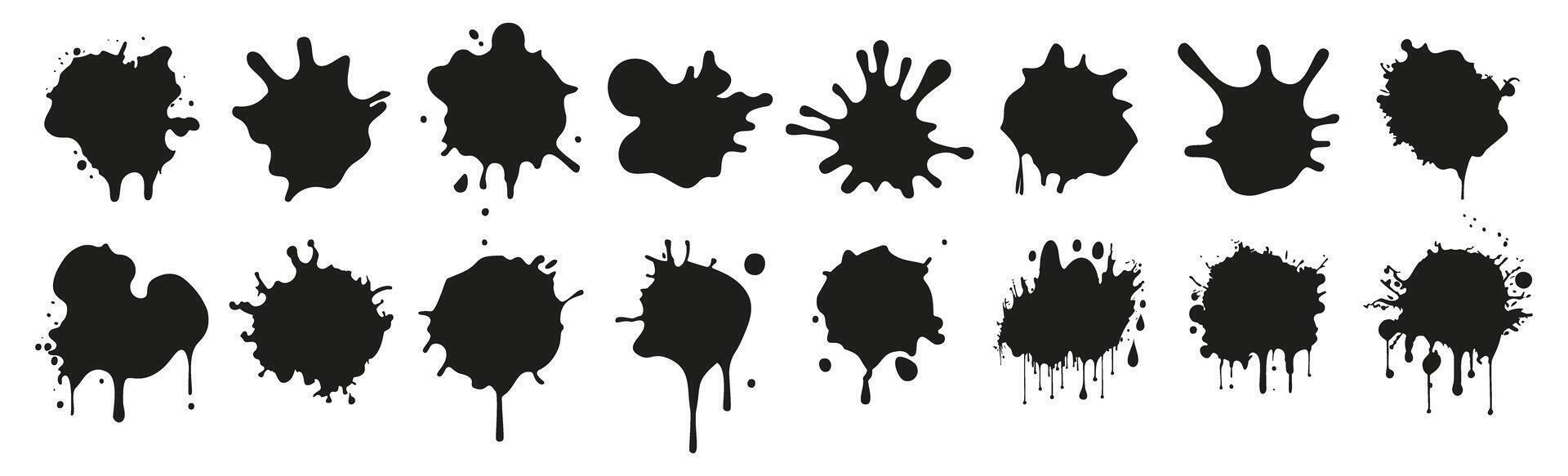 Set of black ink splatter shapes in various drip and splash patterns vector