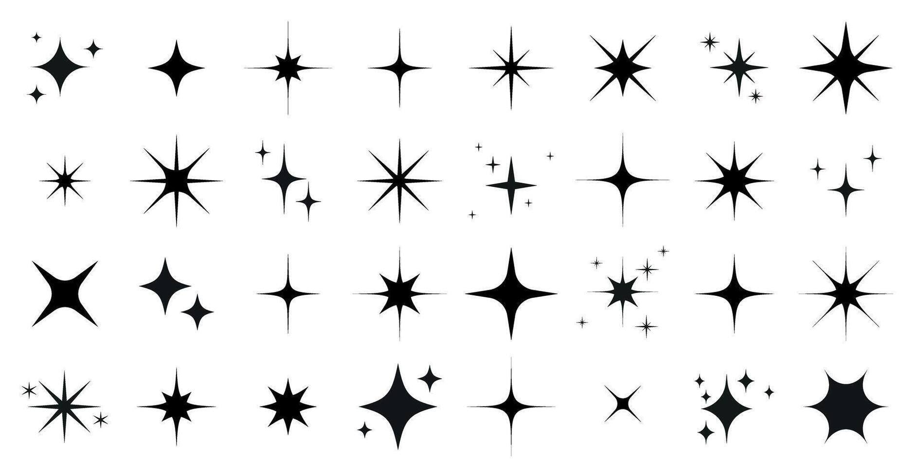 Sparkles, stars and bursts icons, twinkling stars. Set of different black sparkles icons on transparent background vector