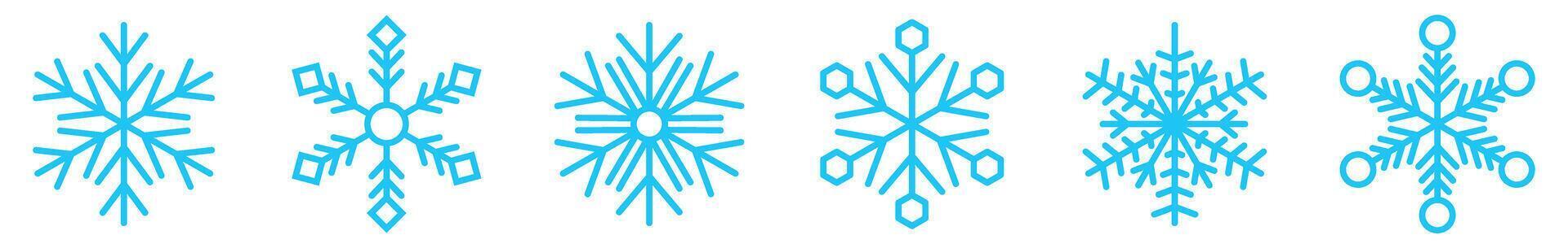Set of six blue snowflake designs in various geometric patterns vector