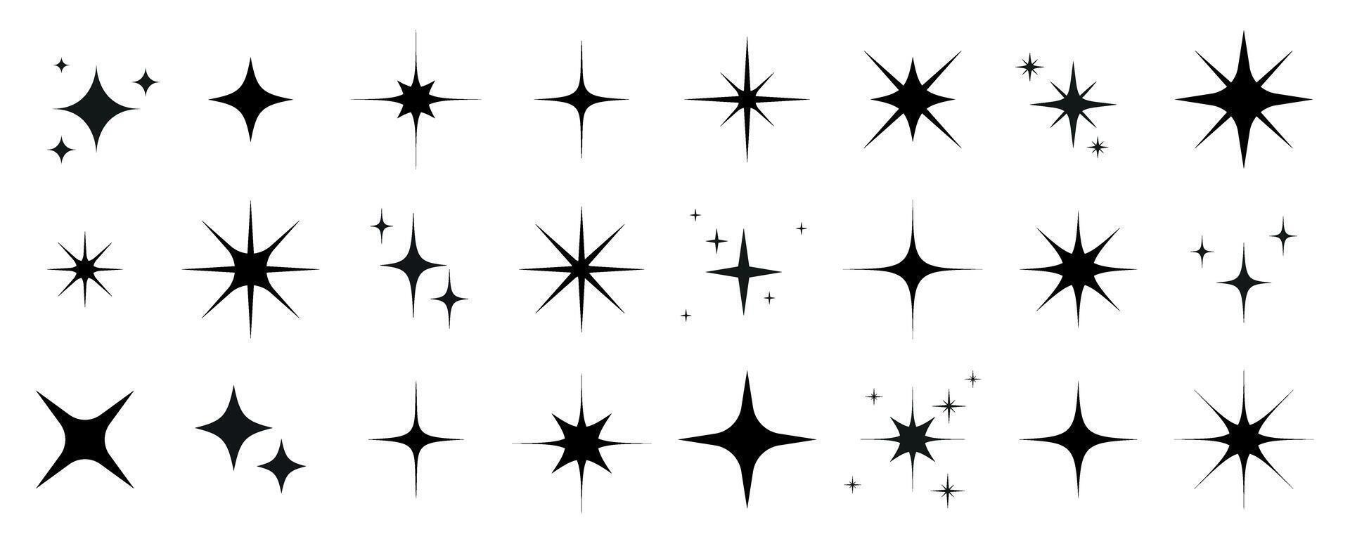 Set of various black star shapes and sparkles. Set of different black sparkles icons on transparent background vector