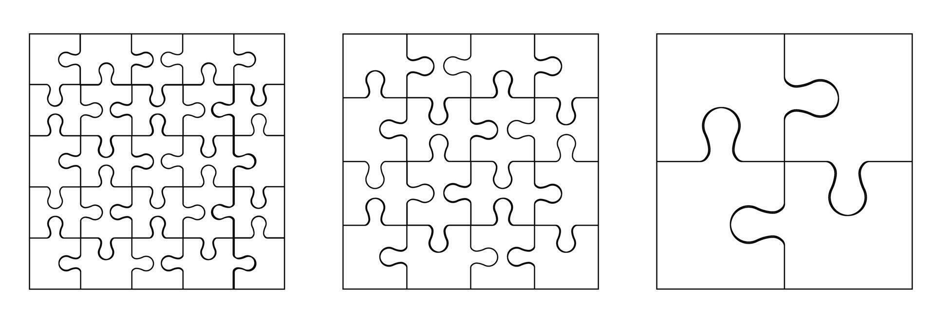 Three puzzle styles, complex, medium, large pieces in grid layout vector