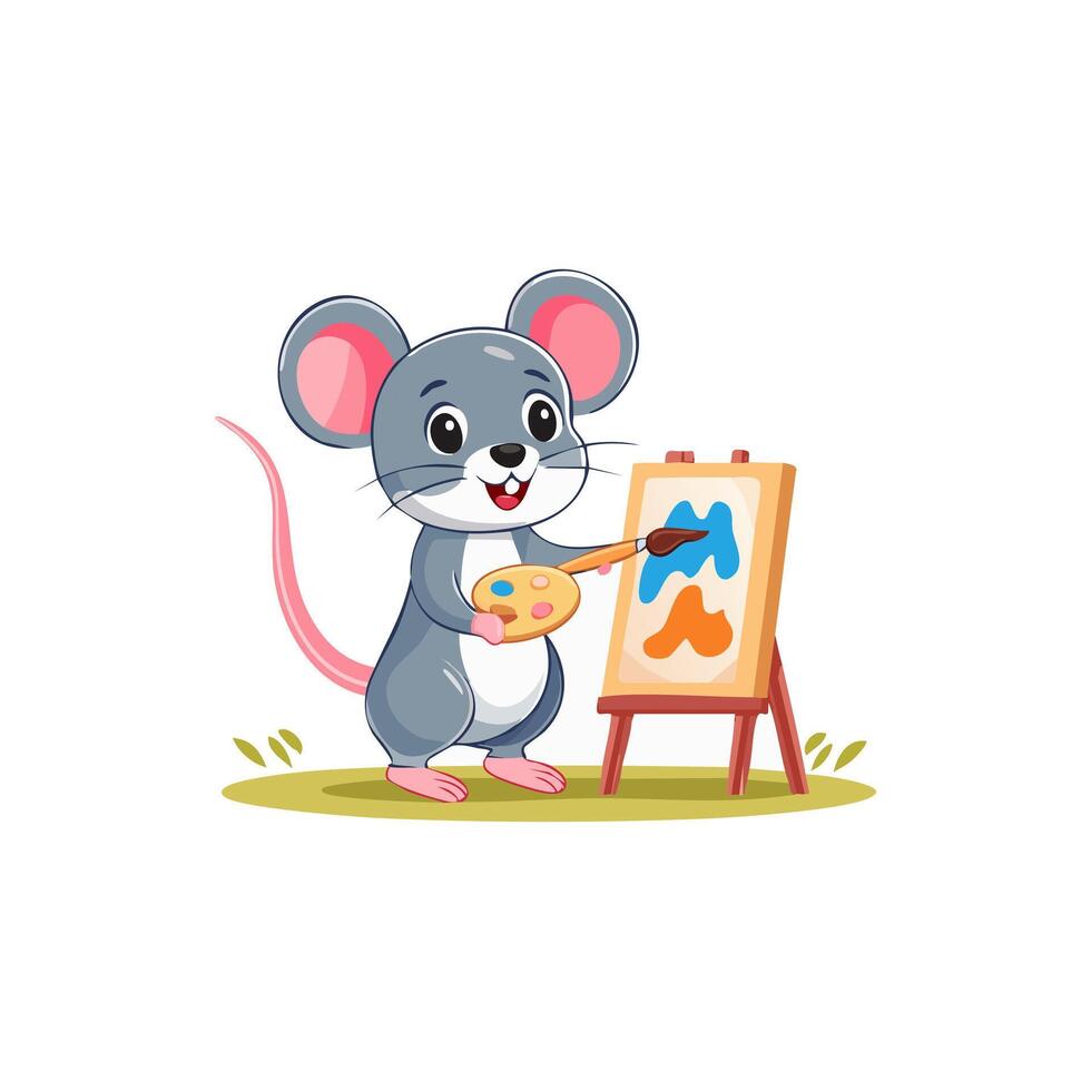 Cute Mouse painting a picture flat design vector