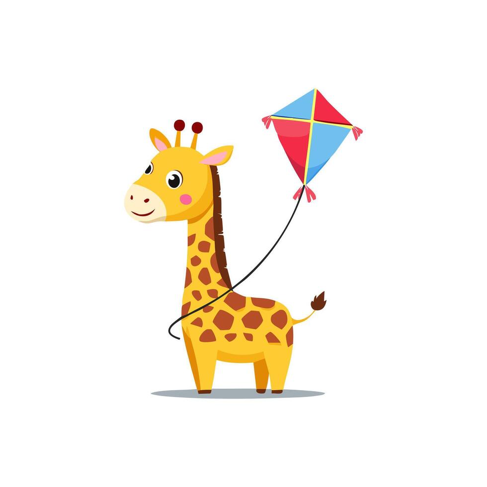 Cute Giraffe flying a kite flat design vector