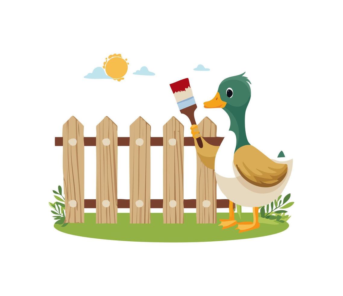 Cute Duck painting a fence vector