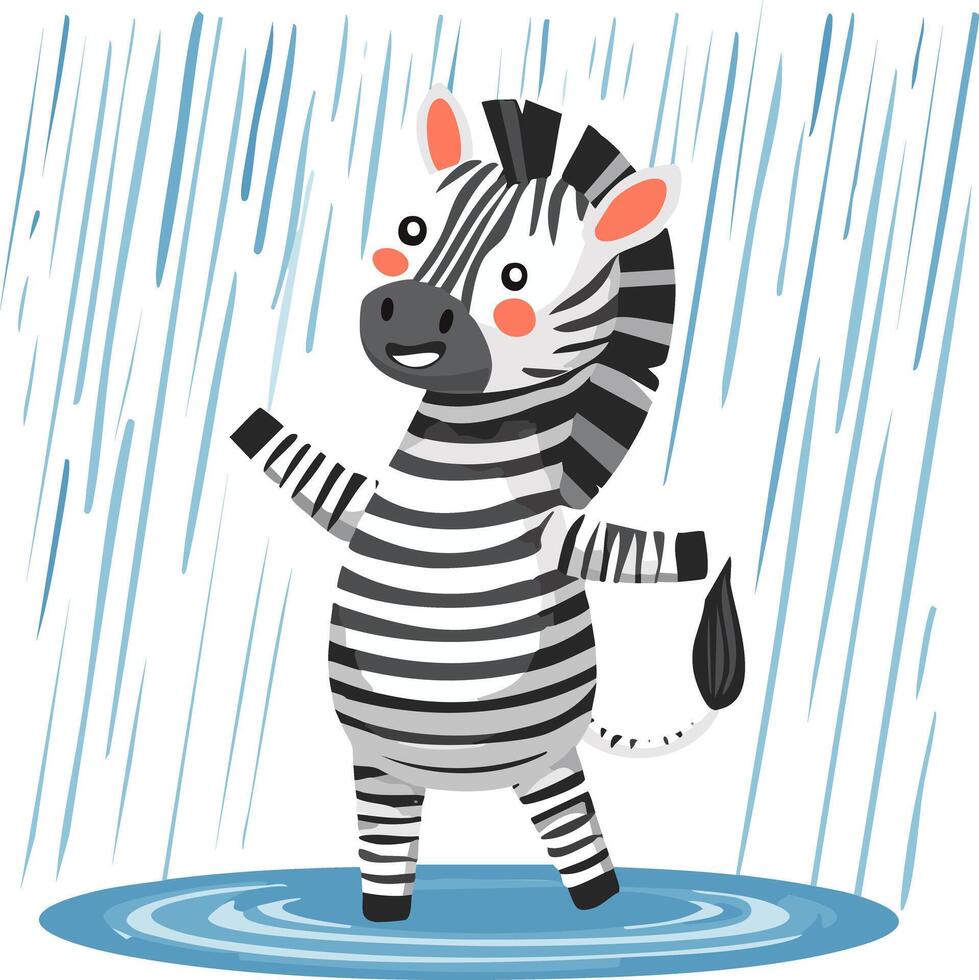 Cute Zebra dancing in the rain flat design vector