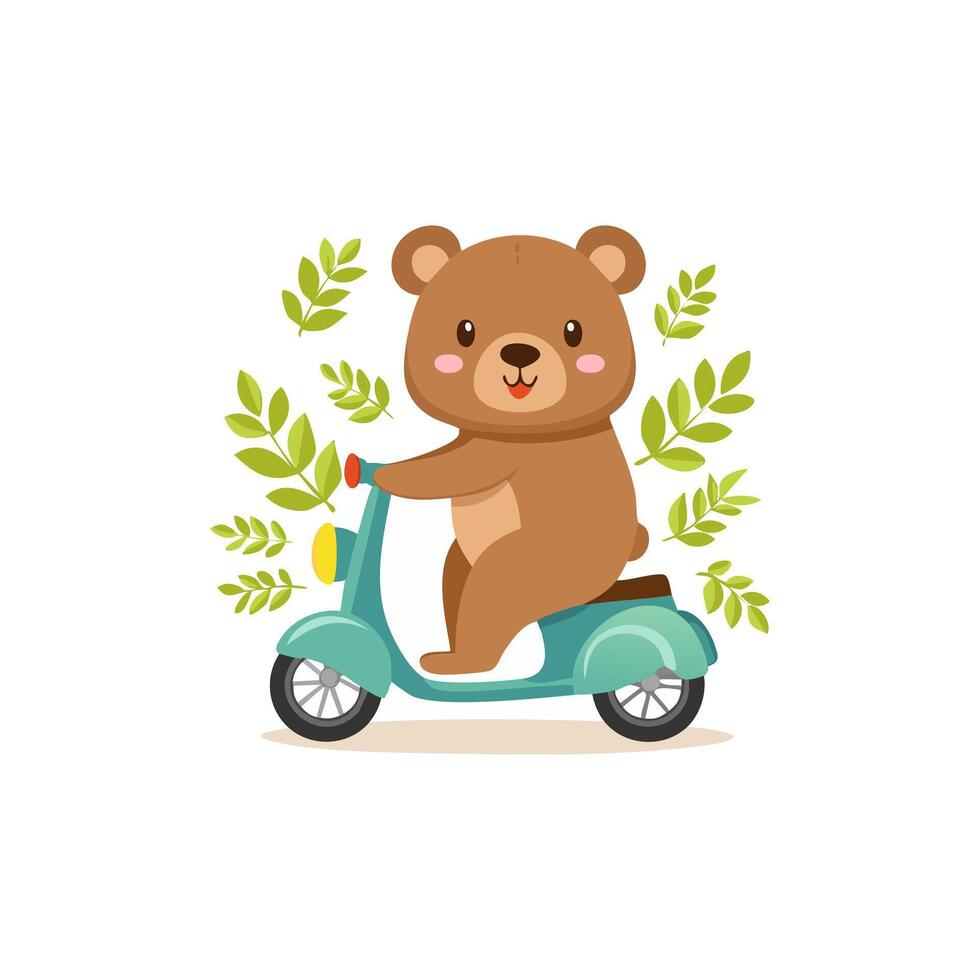 Cute Bear riding a scooter flat design vector