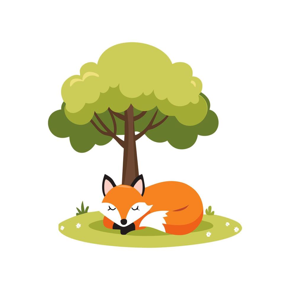 Cute Fox sleeping under a tree vector