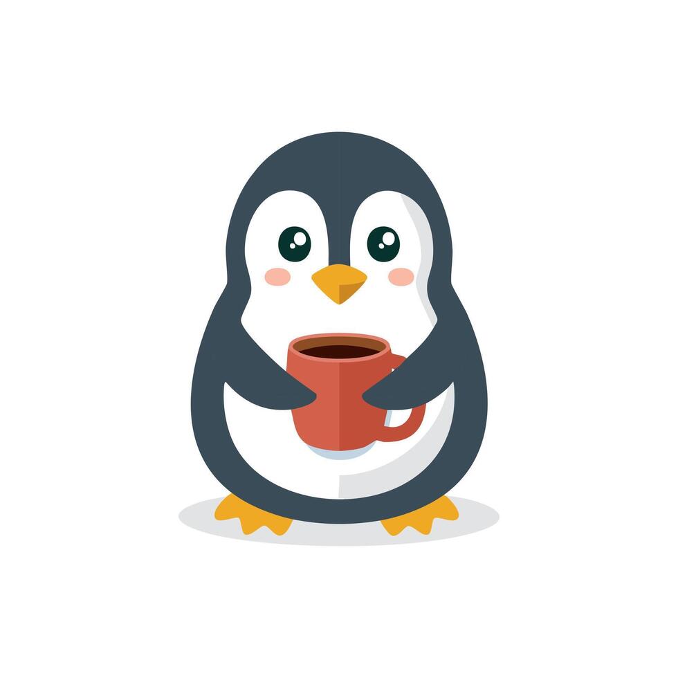 Cute Penguin drinking coffee flat design vector