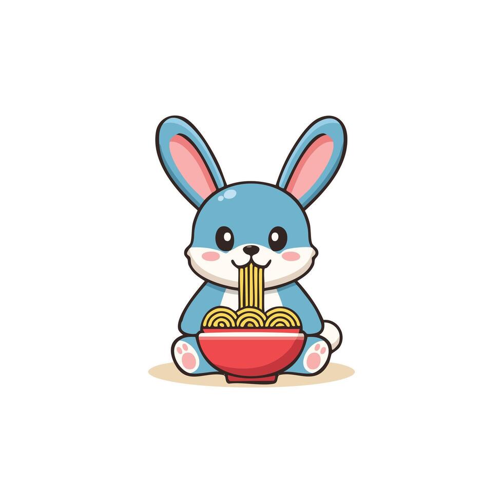 Cute Rabbit eating noodles flat design vector