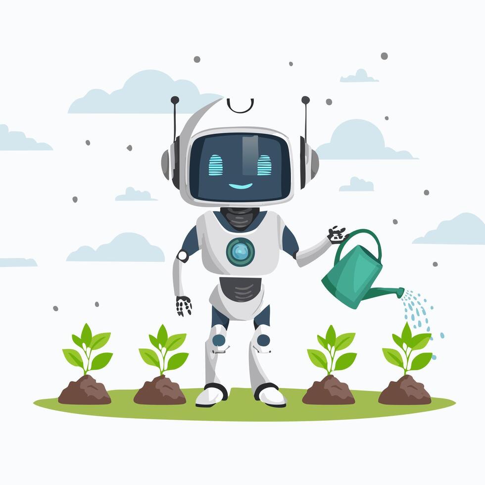 Cute Robot watering plants flat design vector
