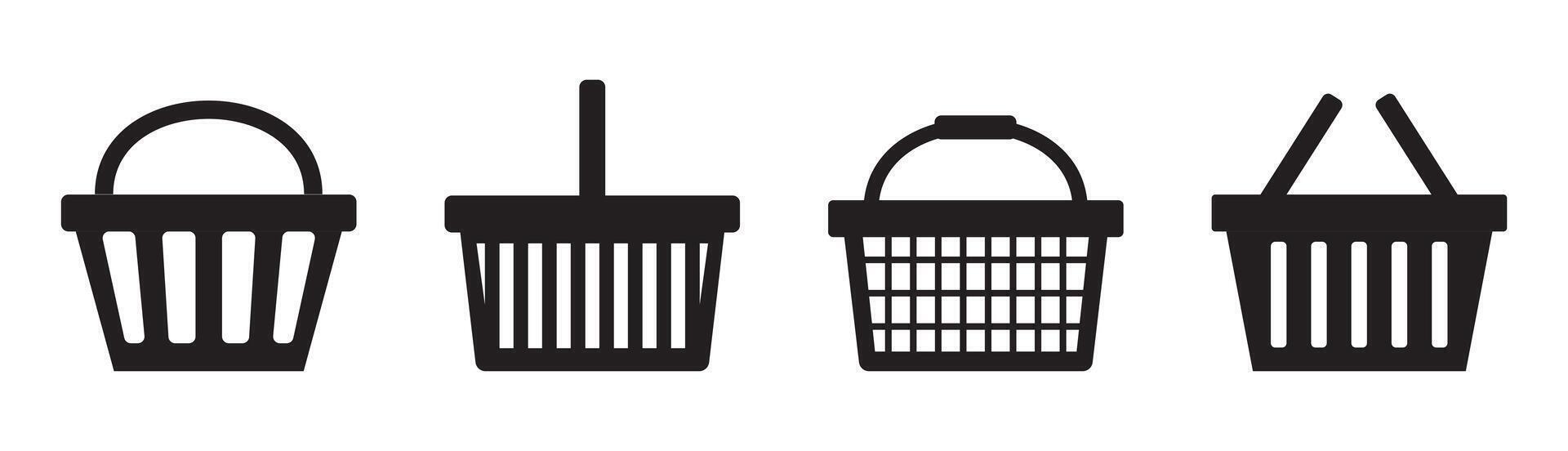 Set black shopping basket icons in different styles vector