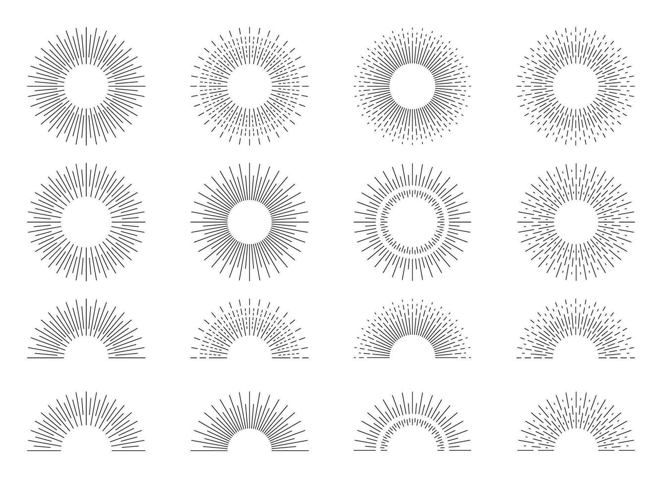 Retro sunburst set, circular and semi-circular geometric line designs vector