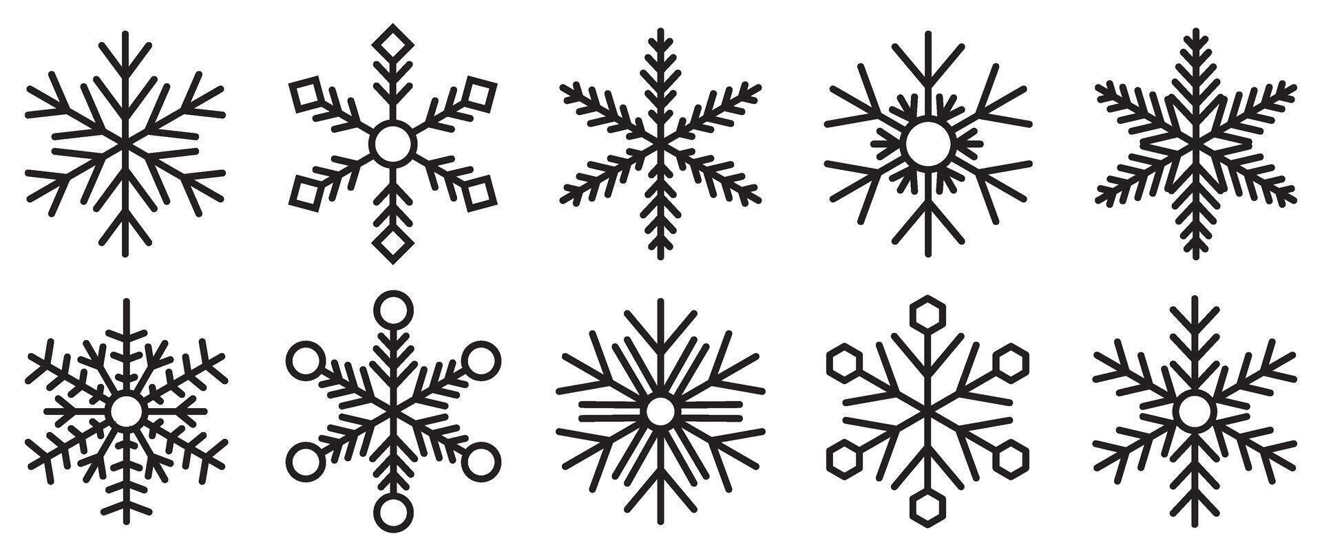 Icon snowflake set, diverse black outline winter patterns for seasonal projects vector
