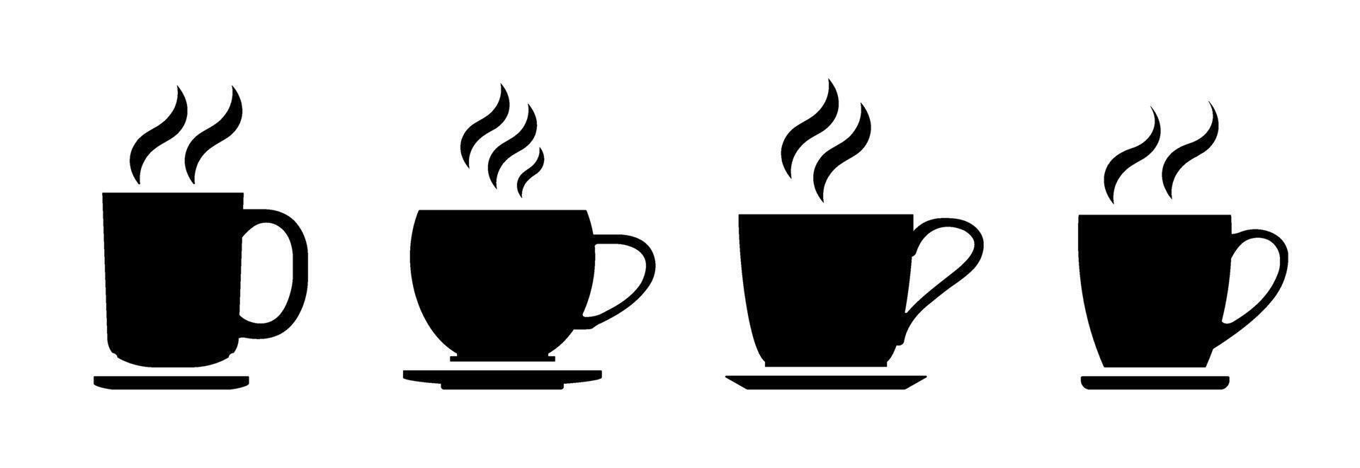 Black icon coffee cups with different handle styles and steam symbols vector