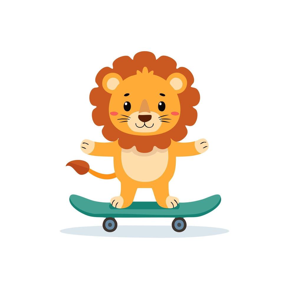 Cute Lion riding a skateboard flat design vector