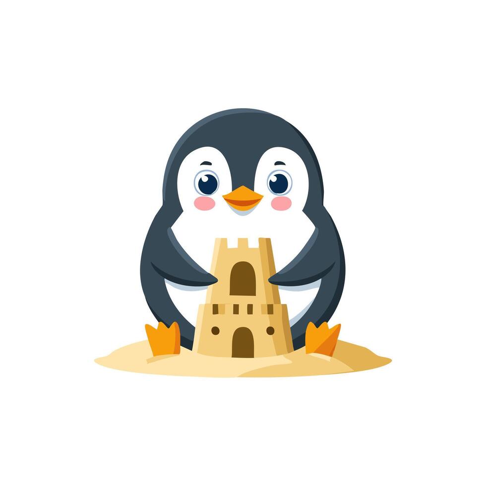 Cute Penguin building a sandcastle vector