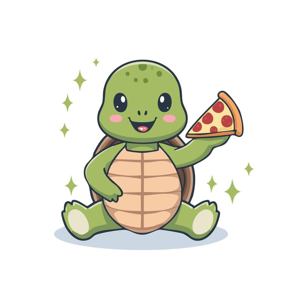Cute Turtle eating pizza flat design vector