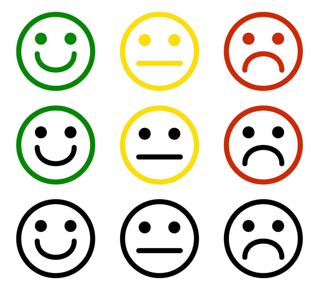 Set faces expressing happy, neutral, and sad emotions in colorful circles vector