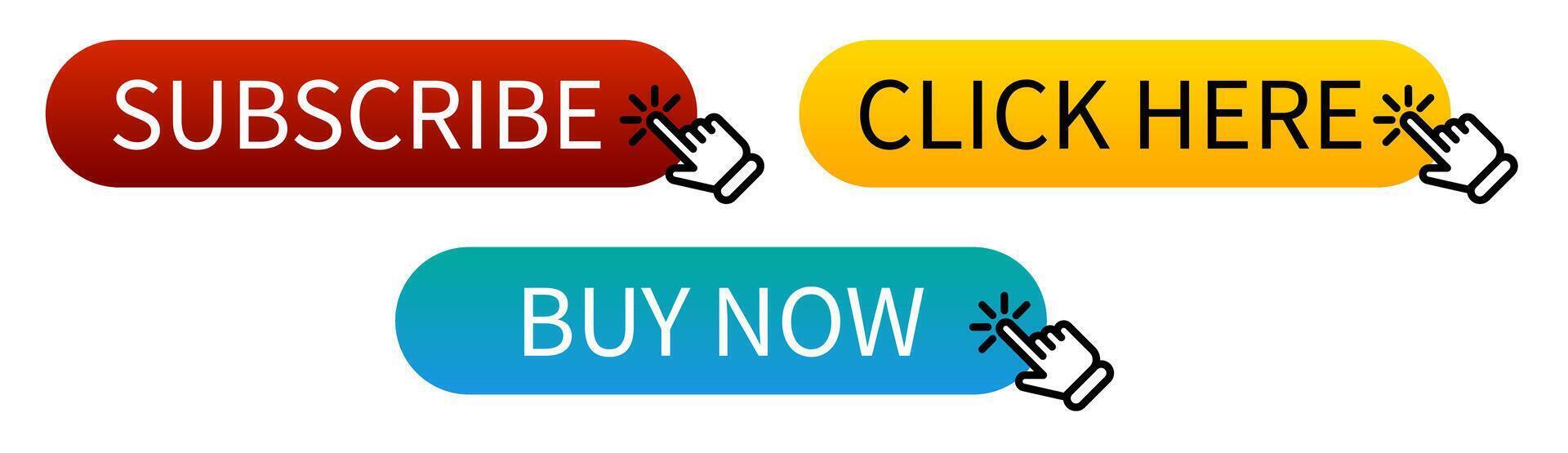 Subscribe click here buy now buttons with clicking hand icons vector