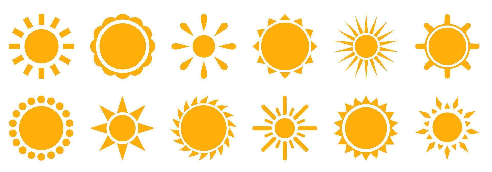 Diverse sun icons, collection of 12 unique yellow sun vector
