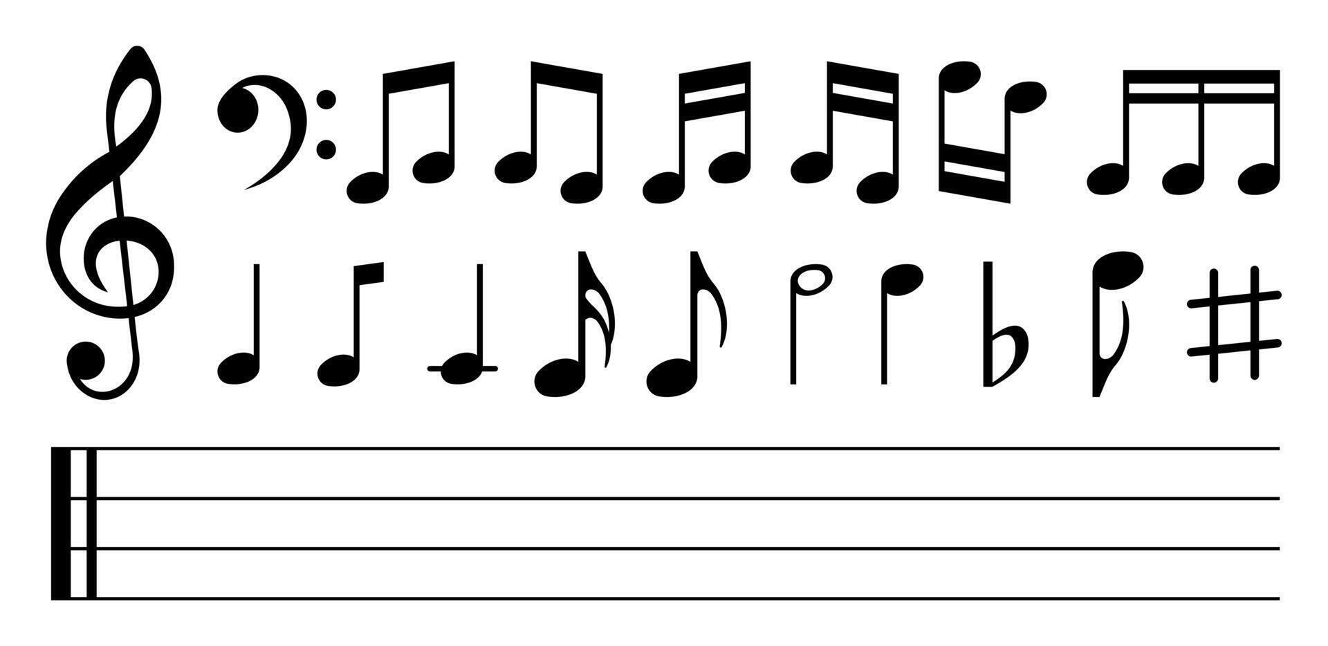 Music notation, treble, bass clefs and various musical notes on staff lines vector