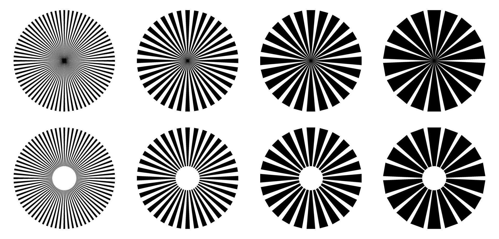 Black and white radial icons, concentric circles and stripes vector
