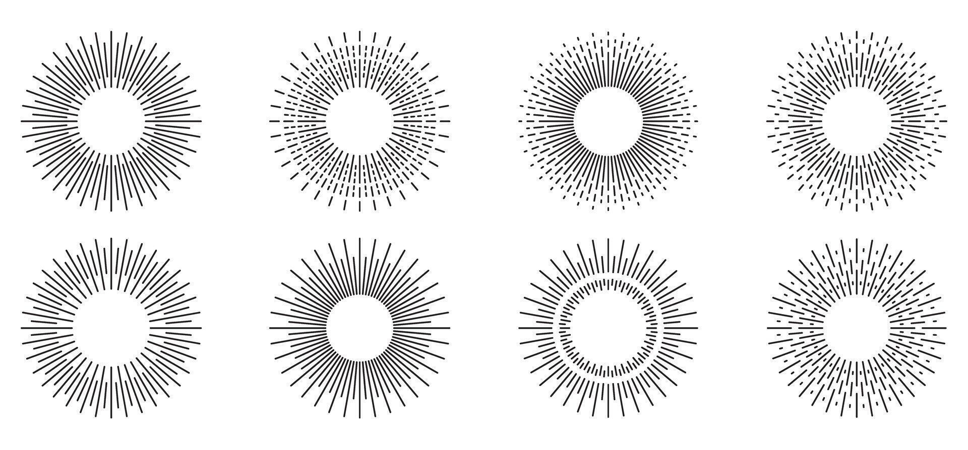 Set of eight circular geometric sunburst patterns in black and white vector