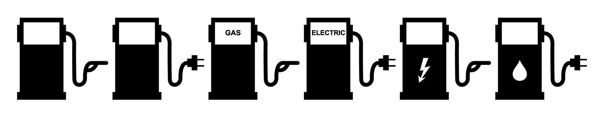 Fuel and charging options icons, gasoline, electric, hybrid stations vector