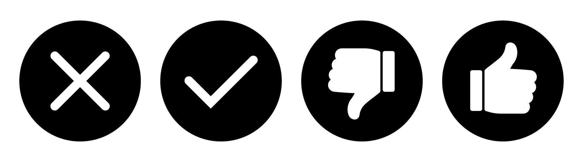 Black and white icons, cross, check, thumbs up and down symbols vector