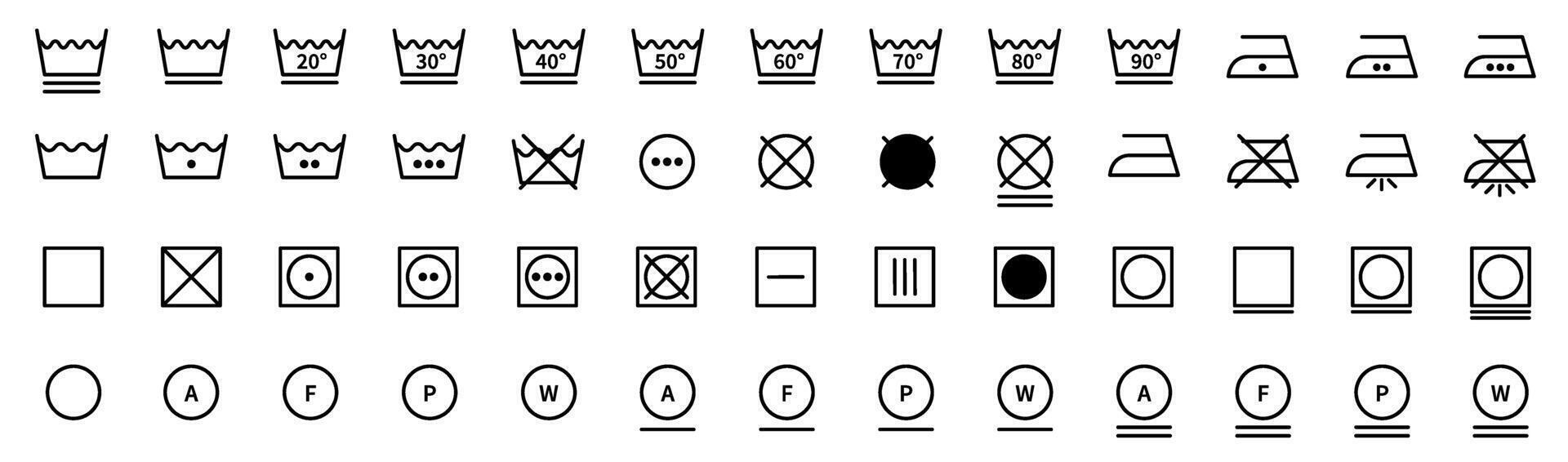 Laundry care big set symbols guide, washing, bleaching, ironing, drying instructions vector