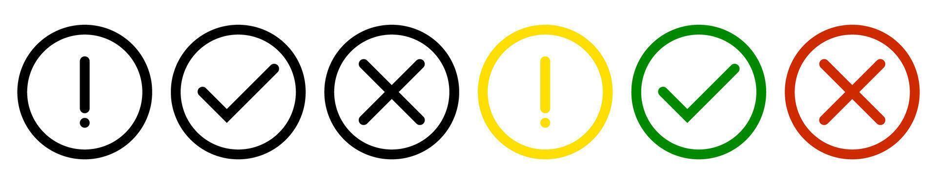 Set of exclamation check marks in black, yellow, green, red circles vector