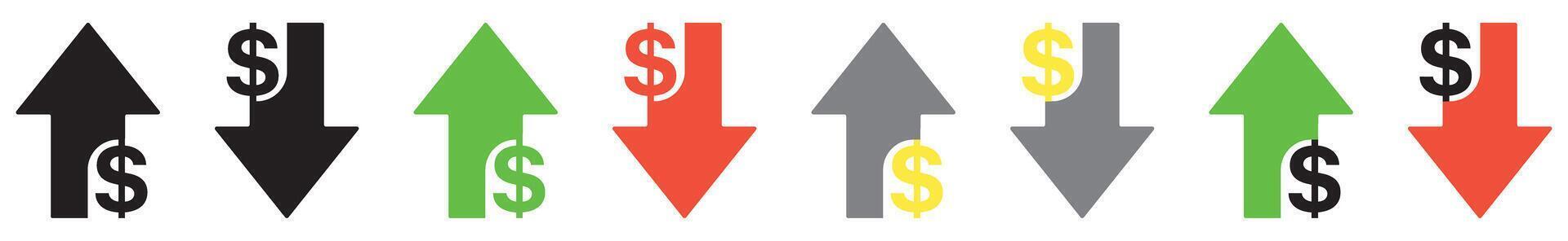 Dollar increase and decrease icon. Colorful cost reduction signs. Financial benefit concept. vector