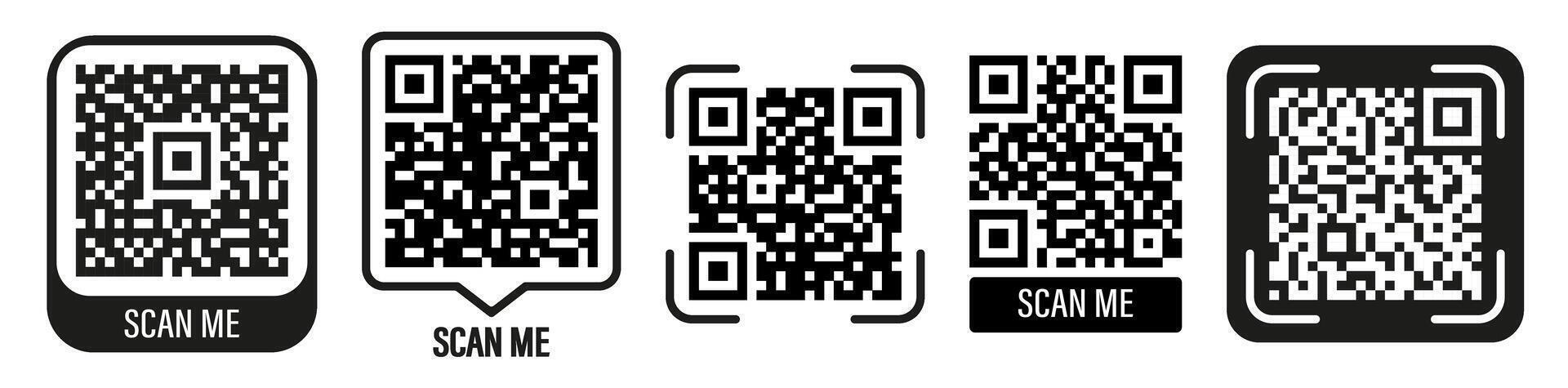 Set of black qr codes with scan me text labels for digital interaction vector